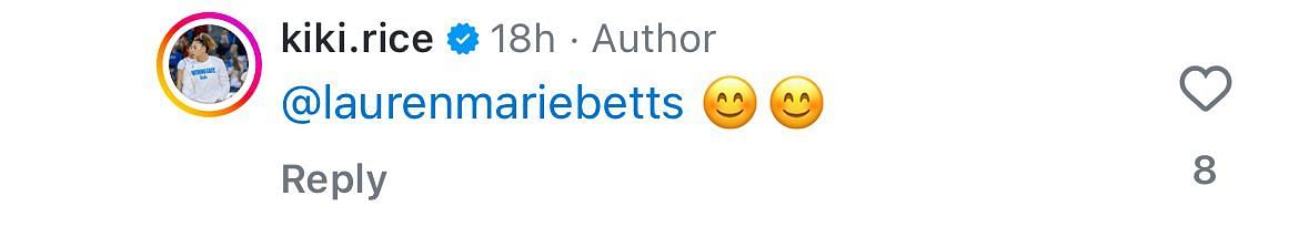 Kiki Rice replies to Lauren Betts’ Instagram comment